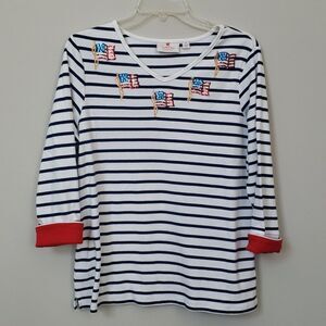 Quacker Factory Top Womens M Sequin American Flag Soft V Neck White Navy Stripes
